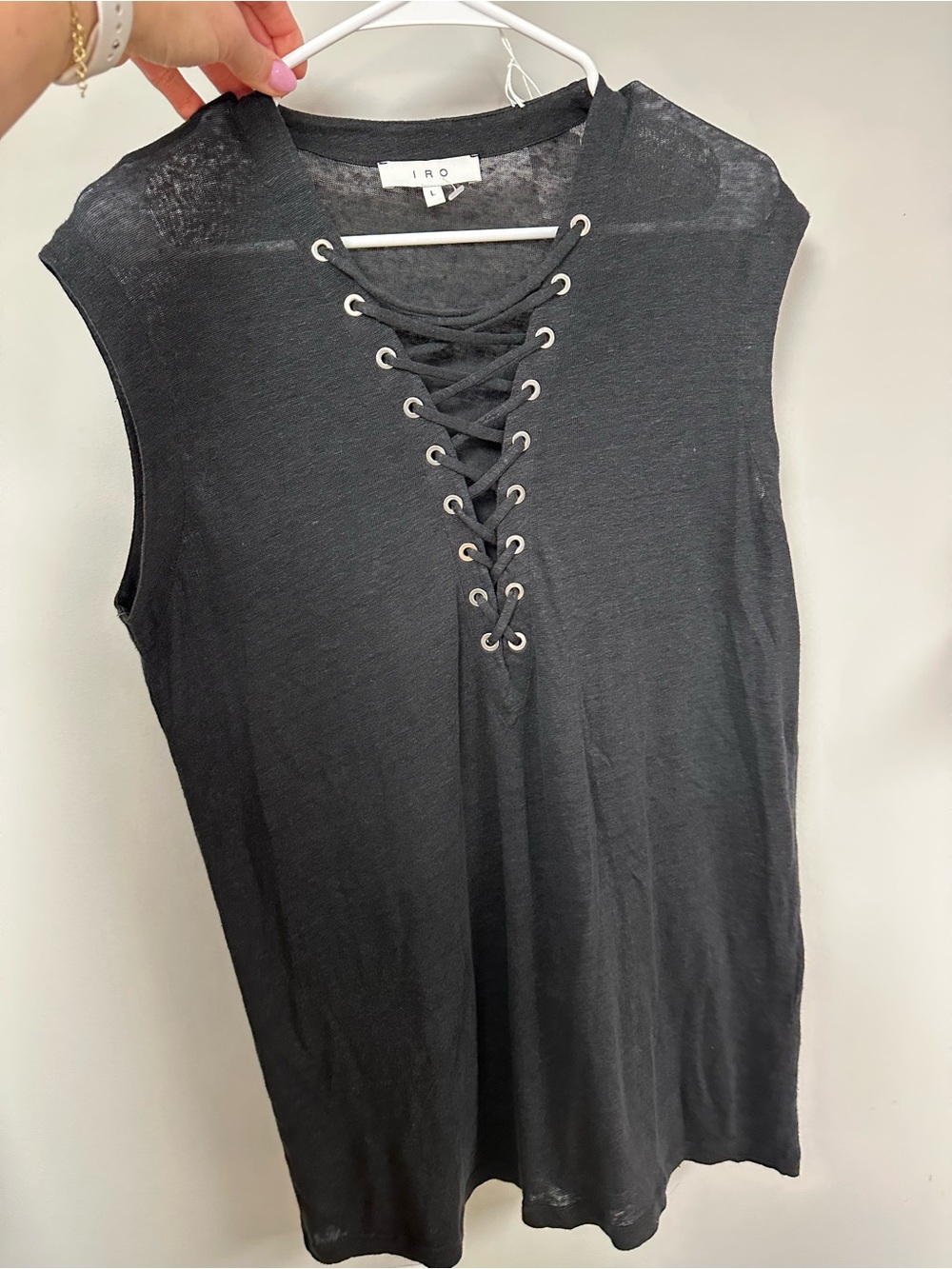 IRO Black Lace-Up Linen Sleeveless Tank